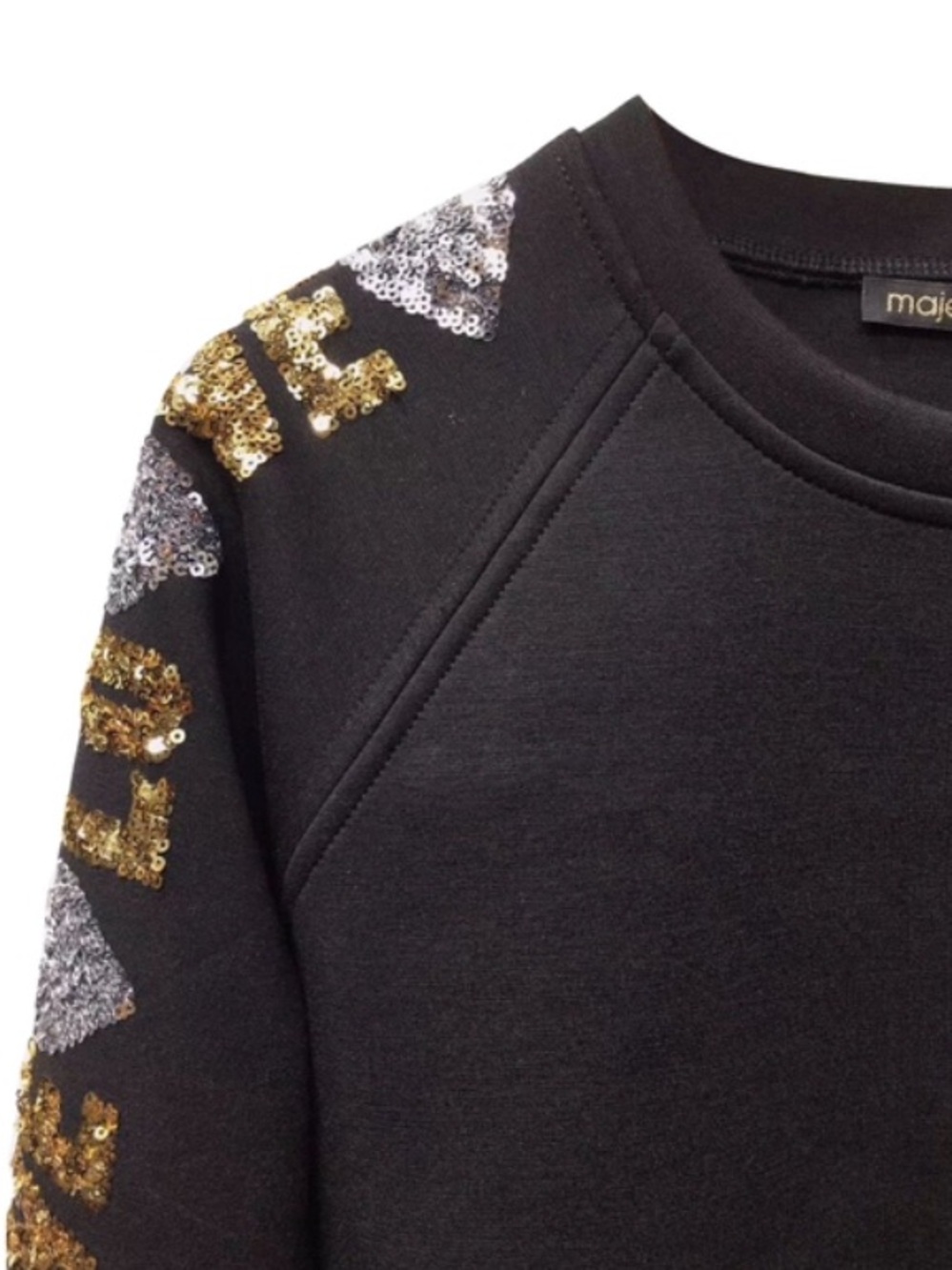Maje Black Crewneck Sweater with Gold & Silver Sequin Sleeve Embellishment